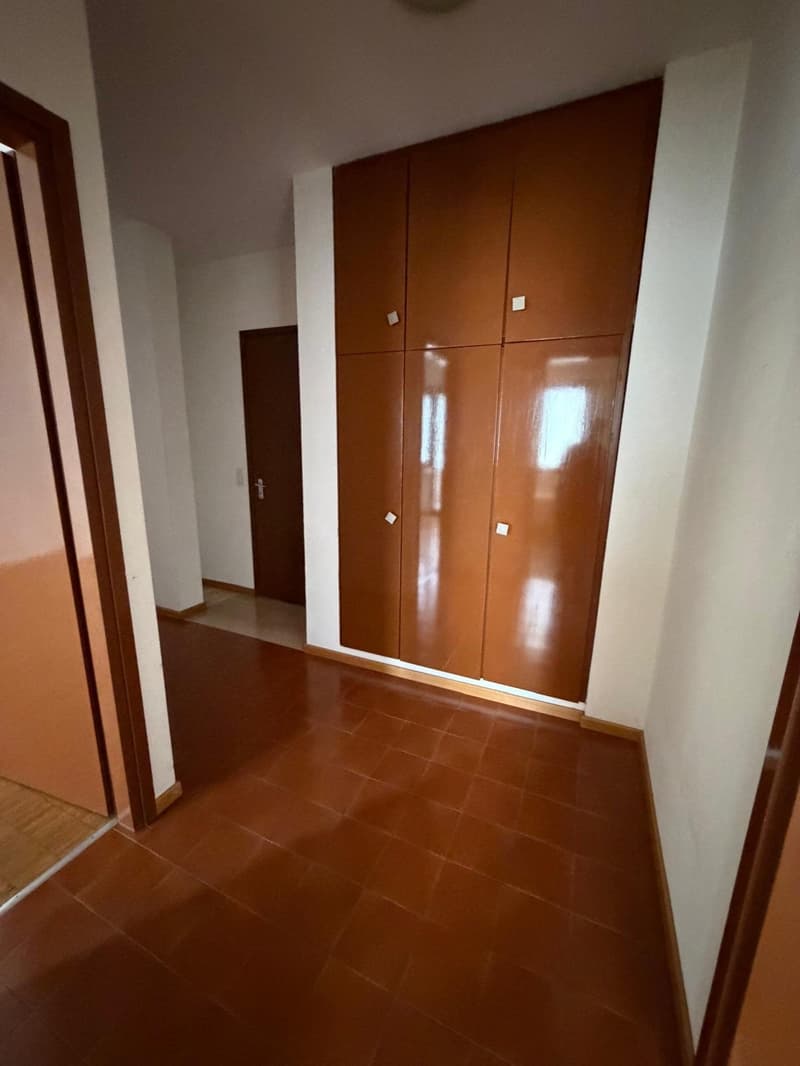 A room with brown tiled floor, a brown wooden door on the left, a wooden closet with several compartments, and a glass window on the right side.