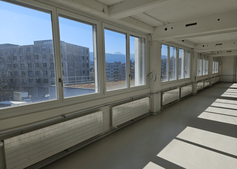 empty room with large windows, light colored walls, floor, and radiators