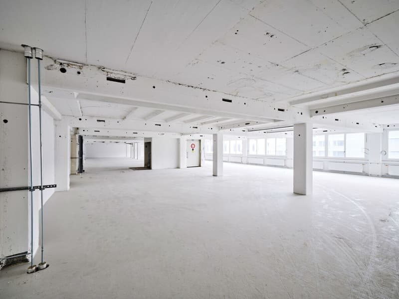 empty room, white walls, beams, columns, large windows