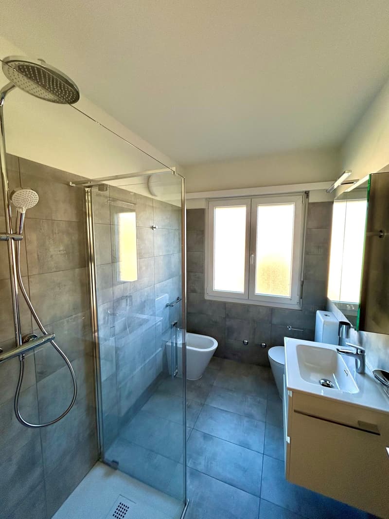 modern bathroom, glass shower enclosure, toilet, bathtub, vanity with sink, chrome fixtures