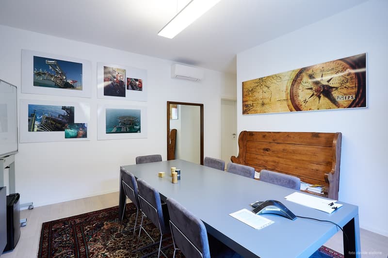 Long desk, 6 chairs, rug, wood bench, paintings, monitor, mouse, papers, mirror