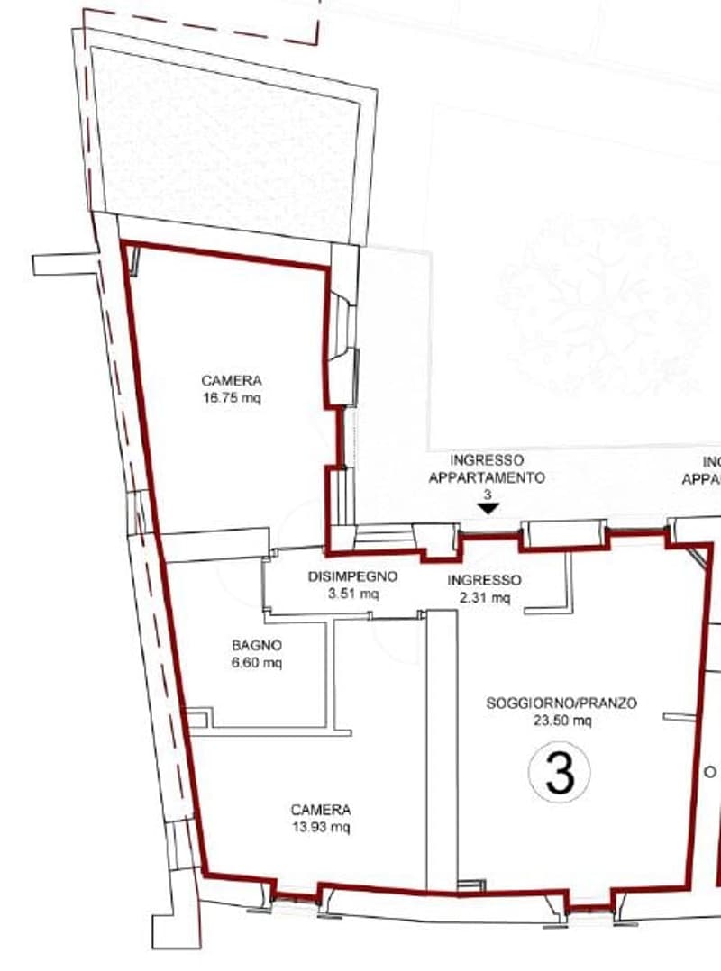 Camera with an area of 16.75 square meters, Disimpegno of 3.51 square meters, Ingresso of 2.31 square meters, Bagno of 6.60 square meters, Soggiorno/Pranzo of 23.50 square meters, Camera with an area of 13.93 square meters