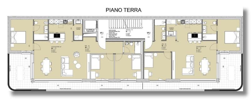 The image shows the floor plan of a property called 'PIANO TERRA'. The plan includes a living room, kitchen, 3 bedrooms, 2 bathrooms, and a dining area.