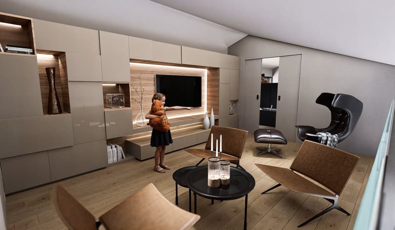 Modern living room with built-in TV unit, wooden accents, and comfortable seating including an Eames-style chair. The room features a fireplace, and appears to have a dishwasher visible in the background.