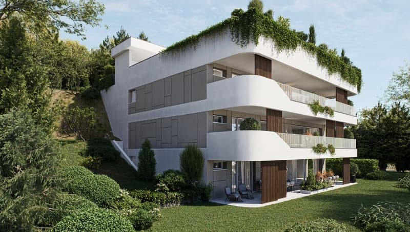 Modern apartment building, white exterior, green rooftop, balconies, wooden doors, surrounded by greenery