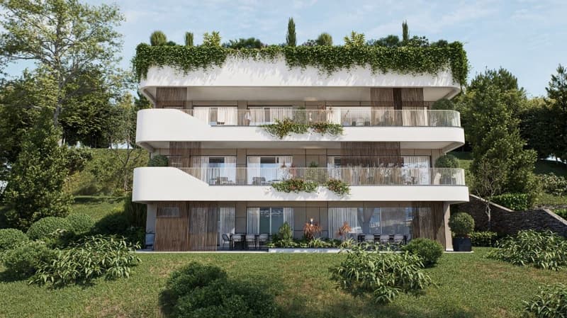 3 story house, white exterior, wooden accents, multiple balconies, green rooftop, large windows, surrounded by greenery