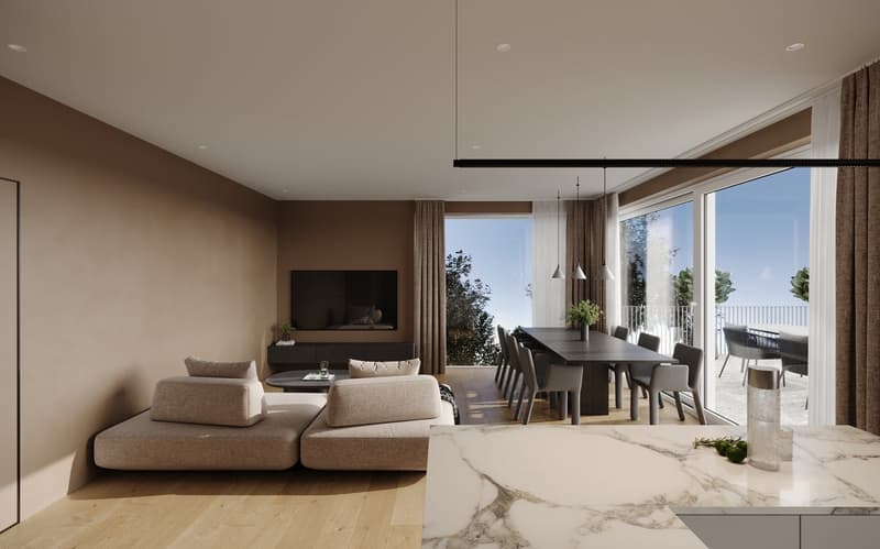 Open concept living room with dining area, couch, center table, TV, windows, balcony