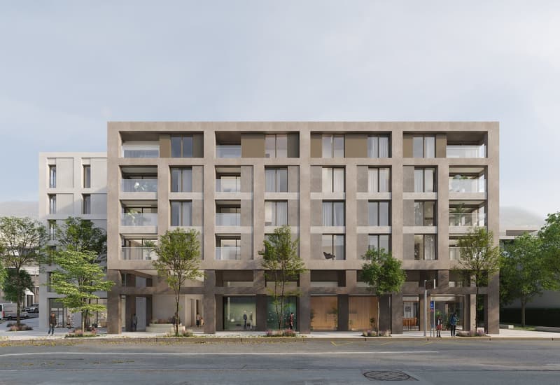 large concrete block apartment, 6 floors, balconies, green roof, green ground, garden