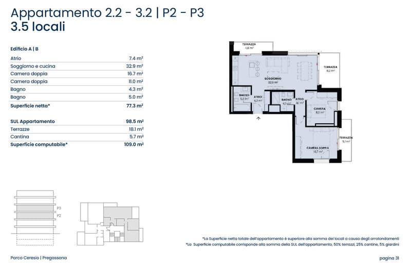 3 double bedrooms, 2 bathrooms, kitchen, living room, terrace, basement parking