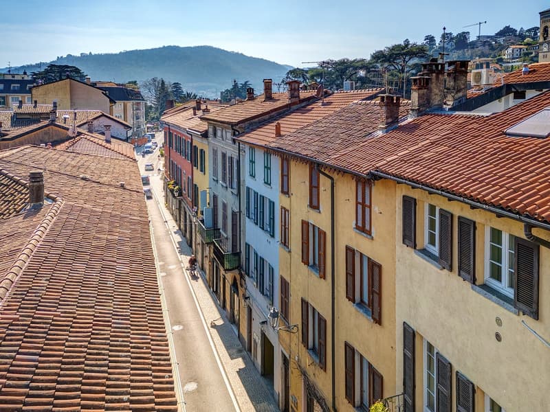 City street with multiple buildings, brown roofs, mountain view in the distance, road