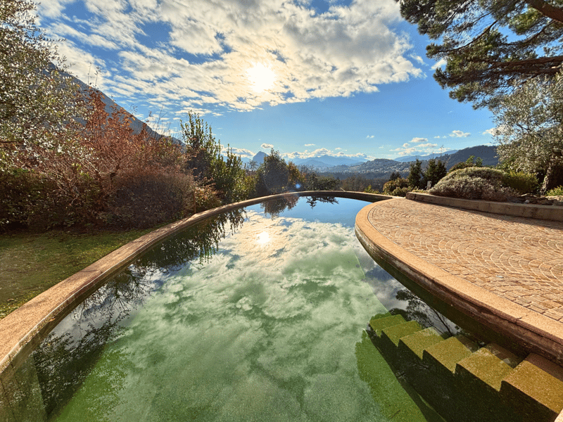oval pool, surrounded by grass, plants and trees, brick pathway, sun shining, mountain view