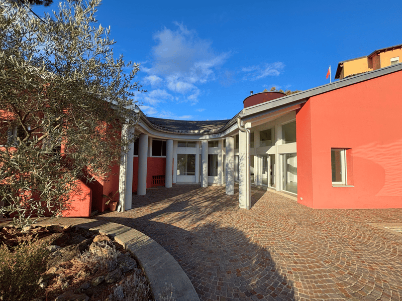 contemporary house with a red brick exterior, white pillars, large entrance, stone walkway, a flag on the rooftop, olive tree, and garden