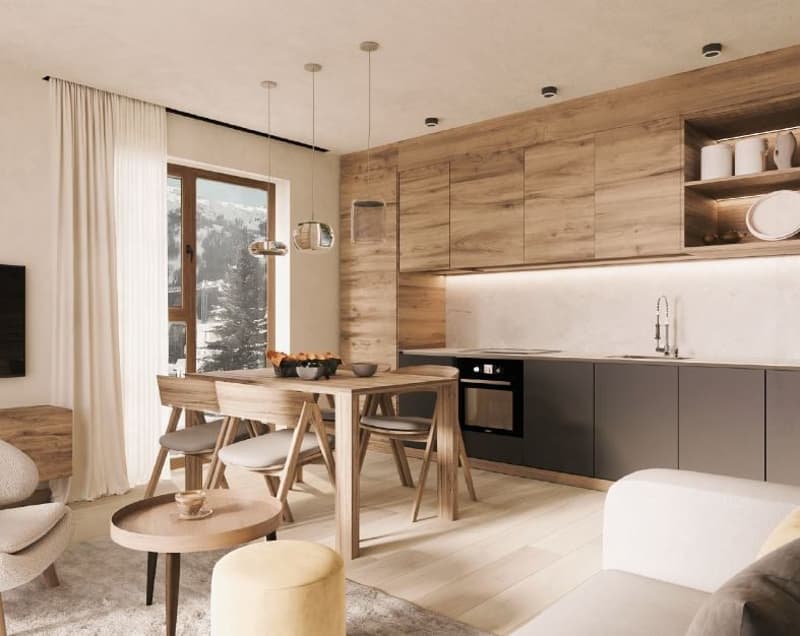 modern living room with wooden dining set, modern kitchen, open floor plan, dining table with chairs, white couch, gray rug