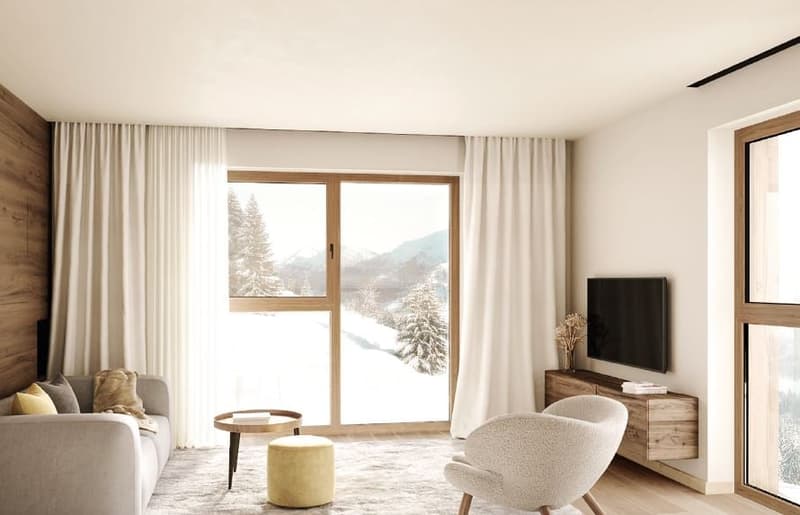 White sofa, wooden side table, chair, TV, window with curtains, wooden cabinet