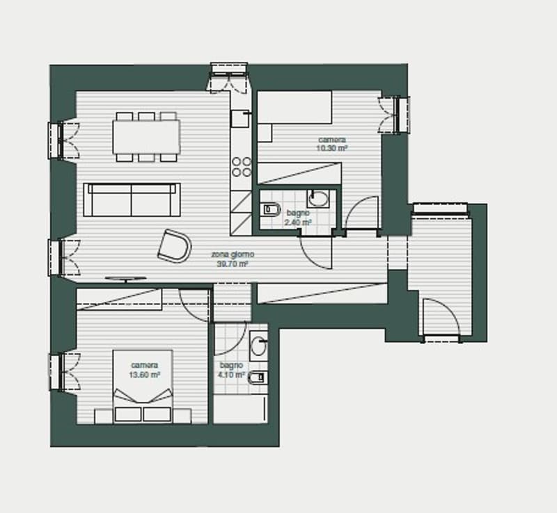living room, kitchen, 2 bedrooms, 2 bathrooms, balcony