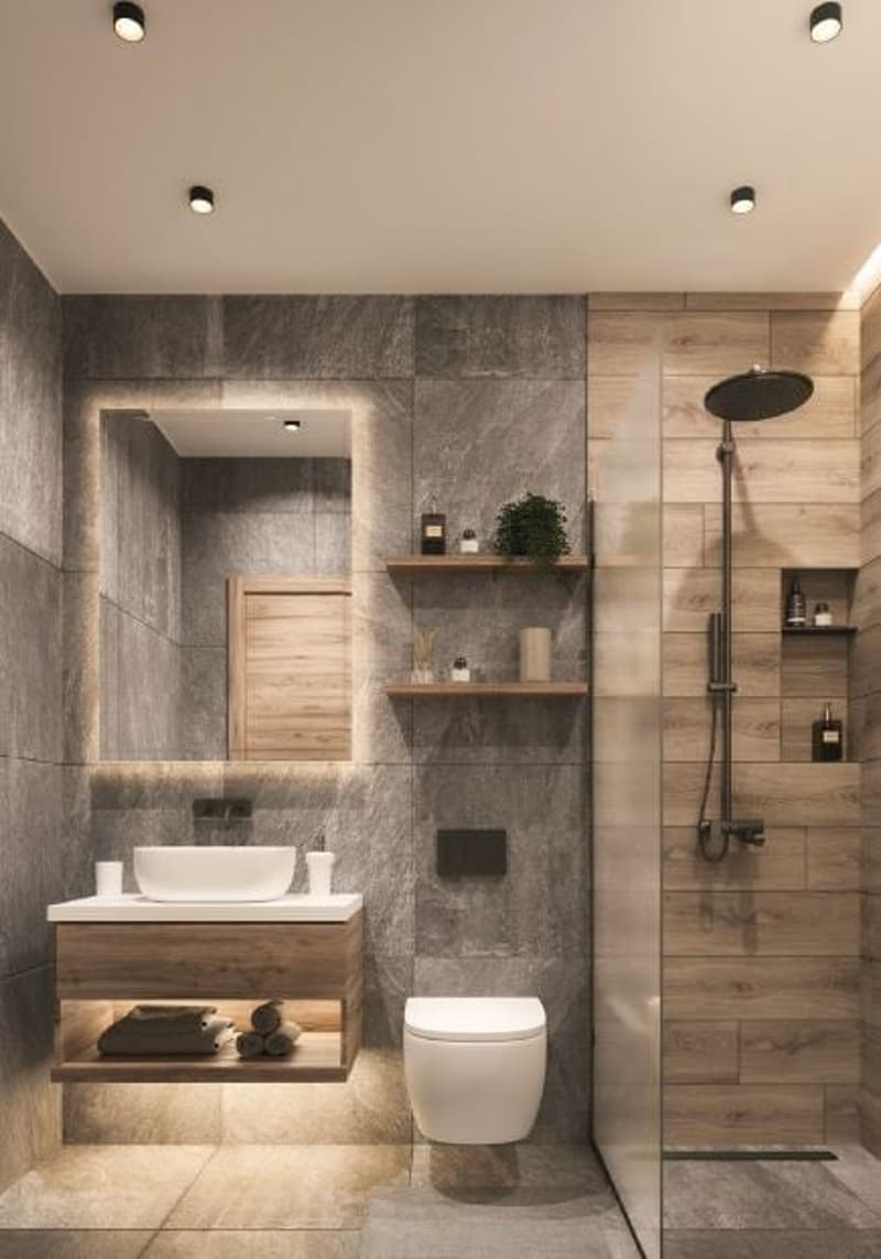 Bathroom with modern design, with white toilet, sink with wooden vanity, shower with wooden walls