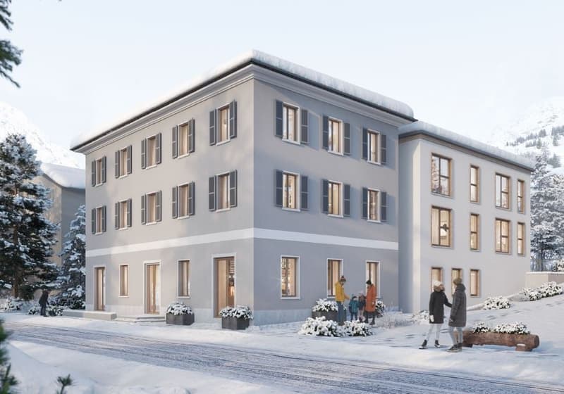 gray building, multiple windows, snow on the roof, several entrances, trees, snow on the ground