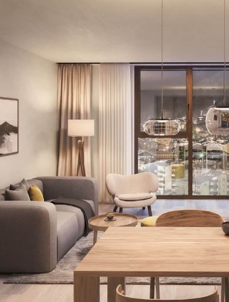 modern interior, large windows, couch, wooden table, bowl, city view