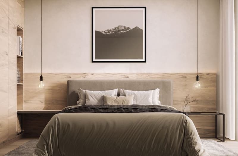 modern bedroom with wooden headboard, white and beige bedding, two nightstands with lamps, and wooden walls