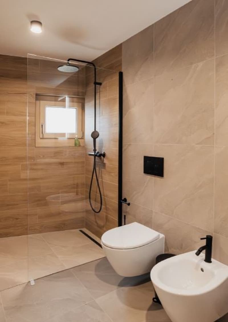 modern bathroom, glass shower enclosure, wall mounted toilet, washbasin, tiled floor, wooden wall