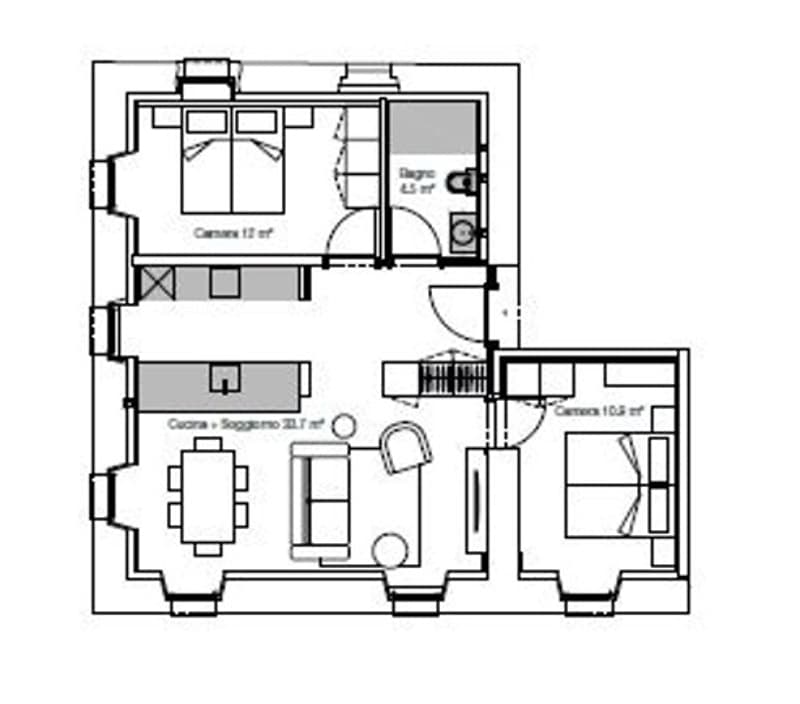 Living room, kitchen, dining area, bathroom, 2 bedrooms, balcony