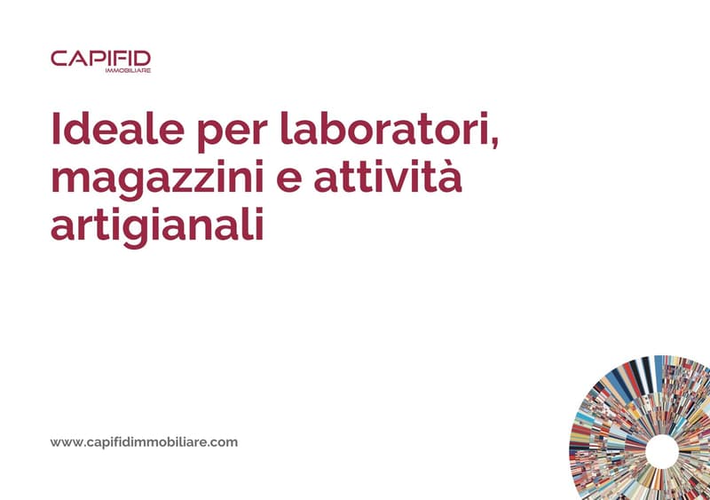 Advertisement for a real estate company, CAPIFID IMMOBILIARE, suggesting the property is suitable for laboratories, warehouses, and artisanal activities.