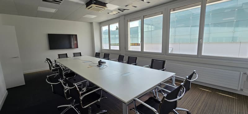 Long conference table, black office chairs, flat screen TV, windows