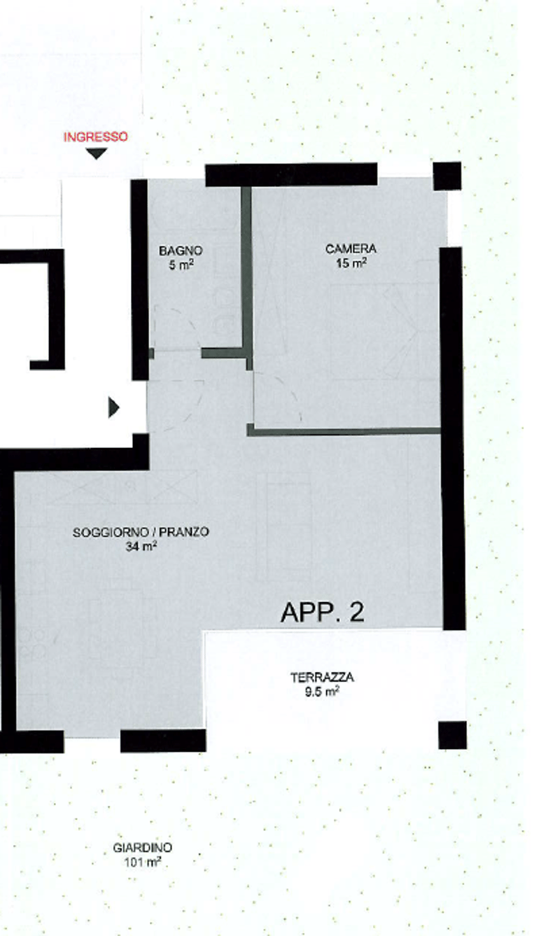 Entrance, bathroom, bedroom, living room, terrace, garden