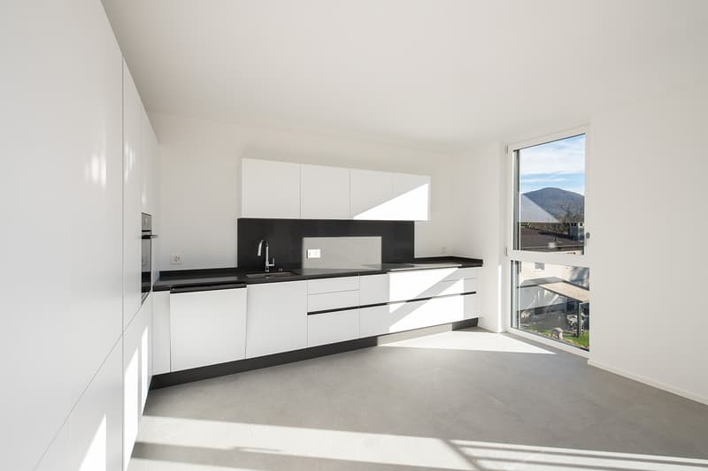 modern kitchen, white cabinets, black countertops, stainless steel sink, large window