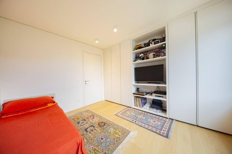 Bedroom with bed, rug, shelves, TV, and door