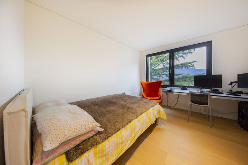 single bed, desk, computer, chair, window, wooden floor