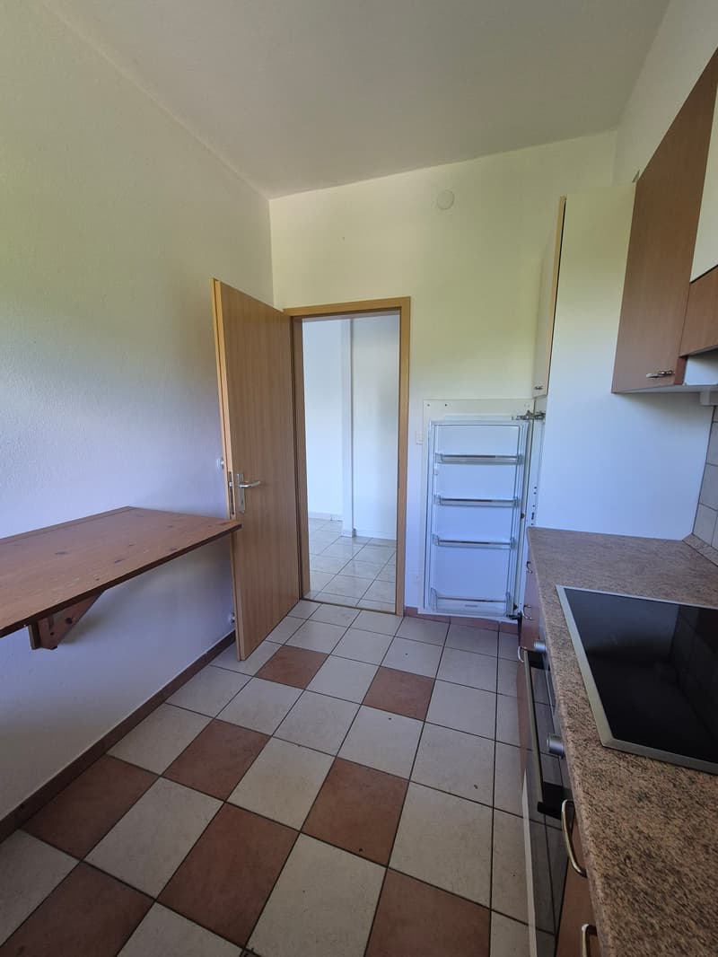 Tiled floor, wooden cabinets, refrigerator, countertop, dishwasher