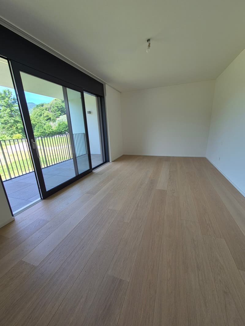 large open space, wooden floor, sliding doors, balcony with railings, neutral walls