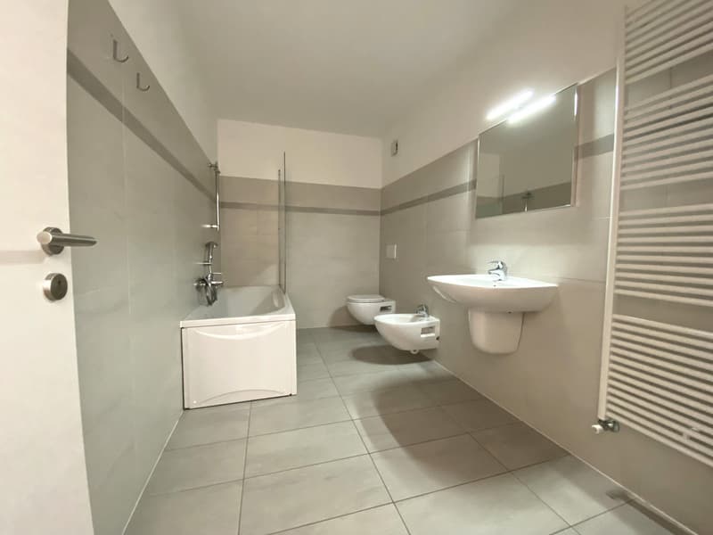 Bathroom with a bathtub, bidet, and separate toilet, white sink with faucet, wall-mounted mirror, and a white towel dryer