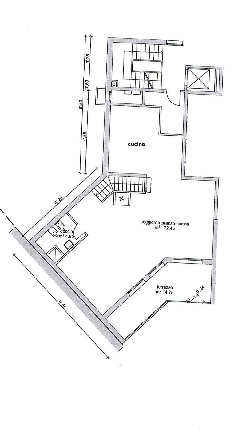 Floor plan of a house with a bedroom, bathroom, kitchen, dining room and terrace