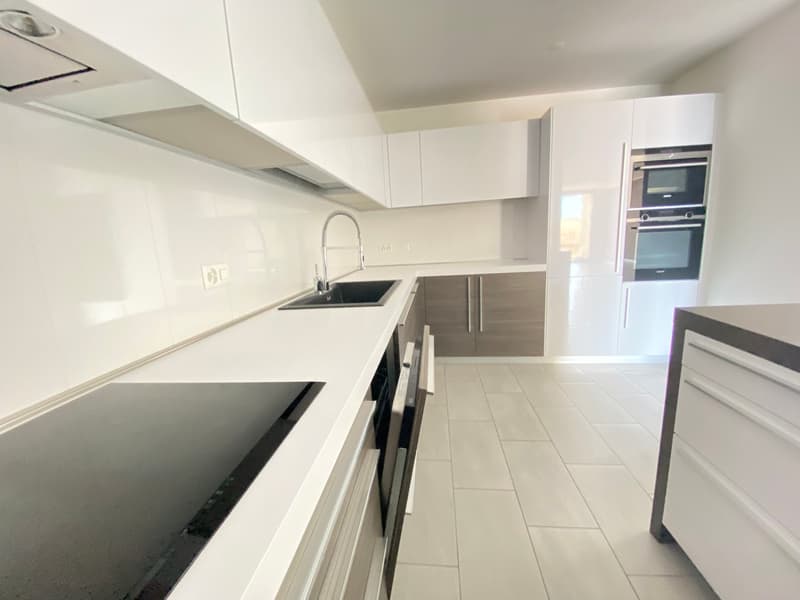 white kitchen with white cabinets, black countertops, built-in oven and dishwasher, induction stove, modern design