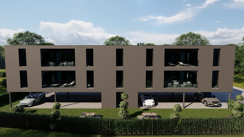 Modern 4-story house, gray exterior, large windows, 3 cars in garage, outdoor seating on balconies