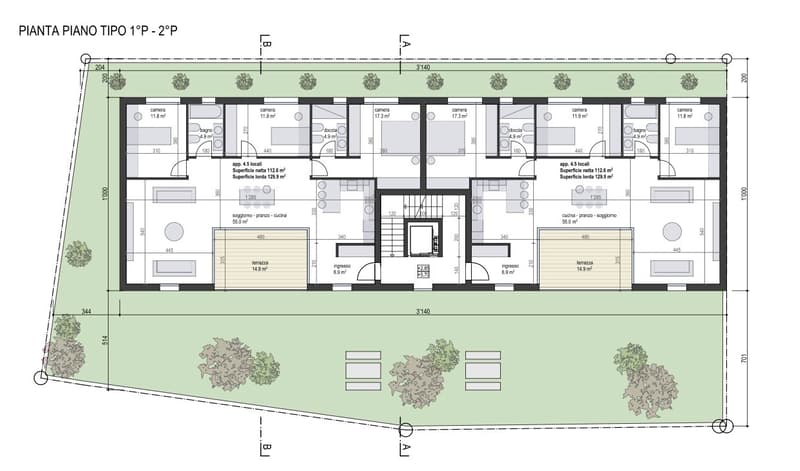 Floor plan of a building with multiple rooms, including living room, kitchen, bedrooms, bathrooms, and terraces.