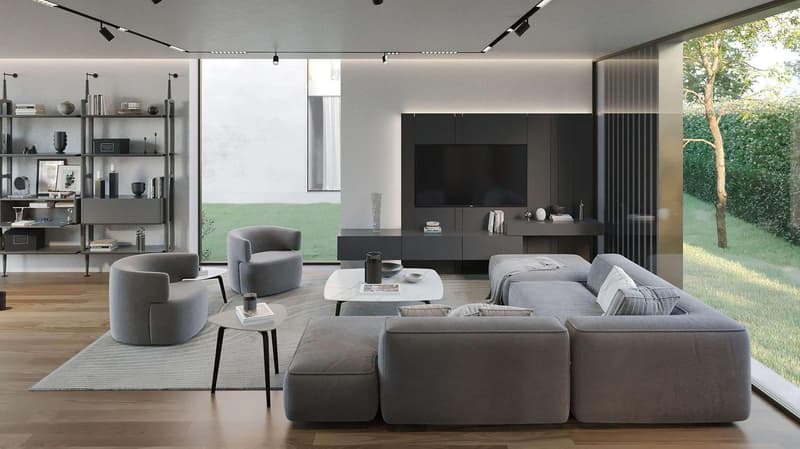 modern design, large windows, gray sofa, coffee table, TV, wooden floor, shelves, outdoor view