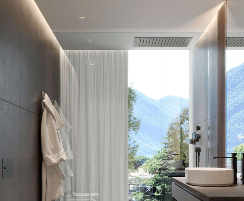 modern bathroom, glass shower, white sink, white curtain, towel, view of mountains