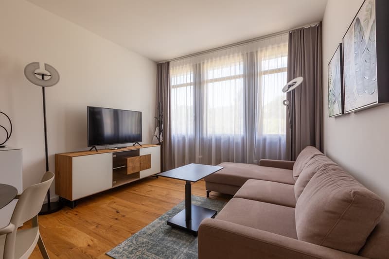 Spacious living room with large windows, hardwood flooring, beige sofa, TV stand, and decorative lamps