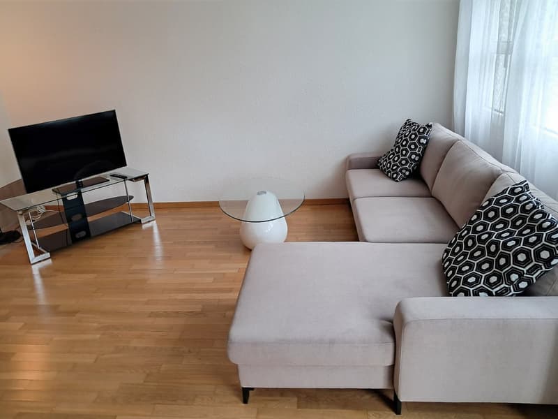 The image shows a living room with a TV stand, a glass coffee table, and a gray sectional sofa with patterned throw pillows. The room has hardwood floors and a large window with curtains.