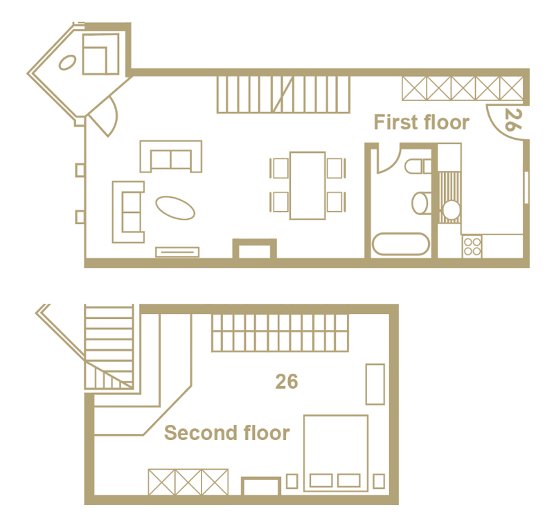 First floor: Living room, dining room, kitchen. Second floor: 6 bedrooms