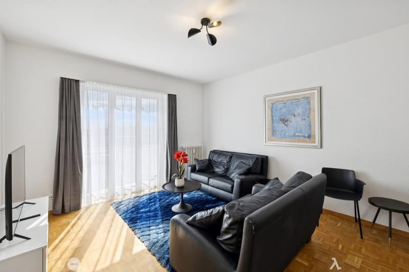 modern apartment, white walls, wooden floor, large window, black leather sofa, coffee table, TV, picture frame, radiator