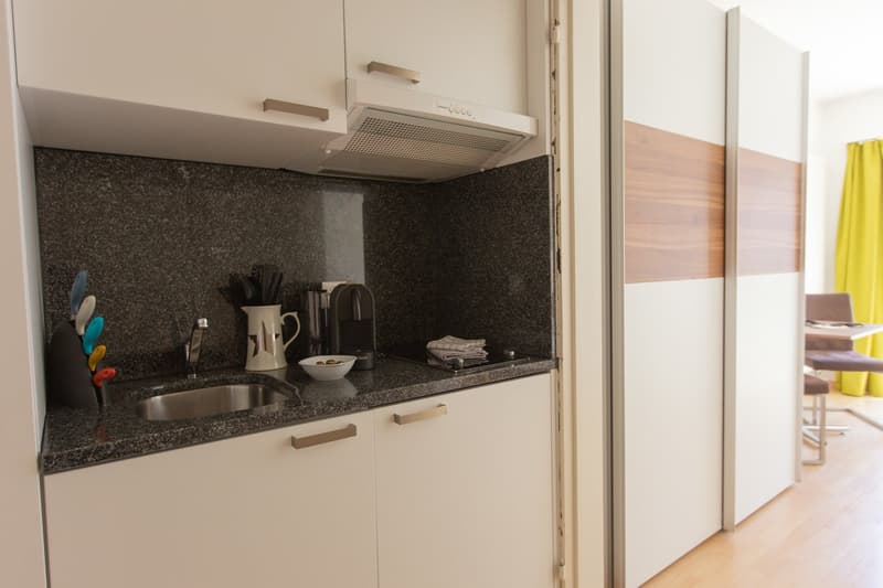 Compact kitchen with black granite countertop, stainless steel sink, built-in dishwasher, and various kitchen utensils and appliances