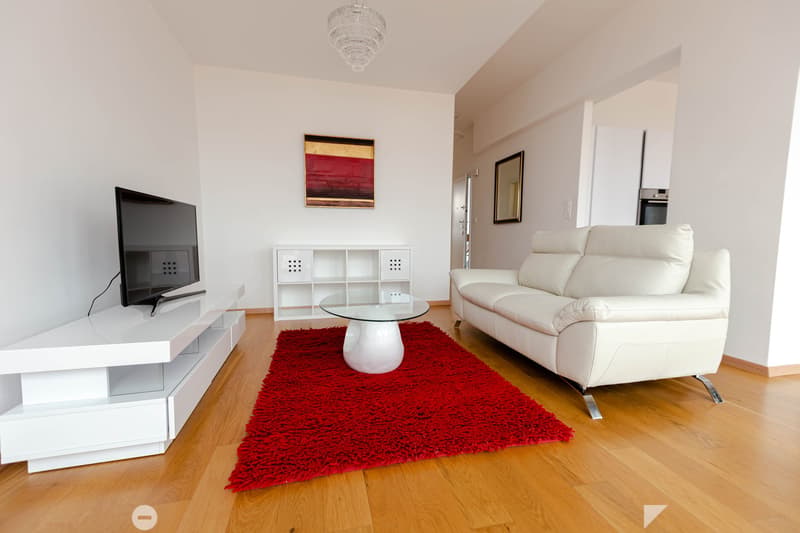 Spacious living room with white walls, hardwood floors, a large white leather sofa, a glass coffee table on a red shag rug, a TV stand, and a framed artwork on the wall. The room is illuminated by a chandelier and has a cozy and modern feel.