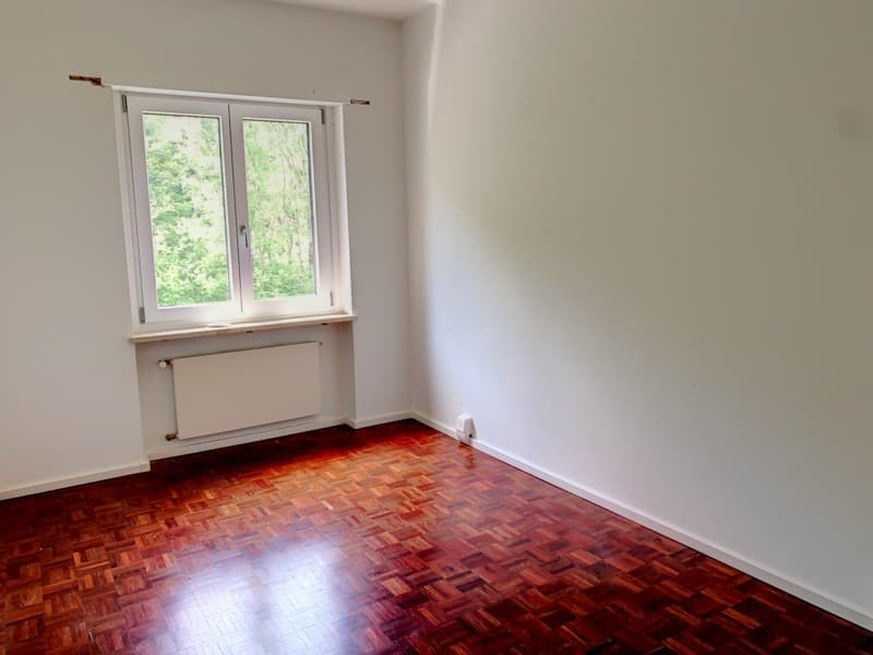 Hardwood floor, white walls, large window, white radiator, power outlet