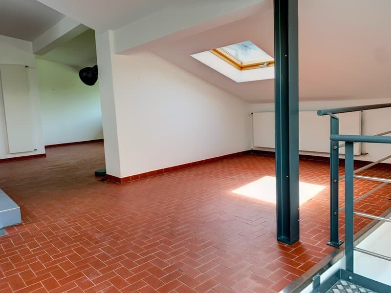 empty room, red brick floor, white walls, skylight, metal railing on balcony