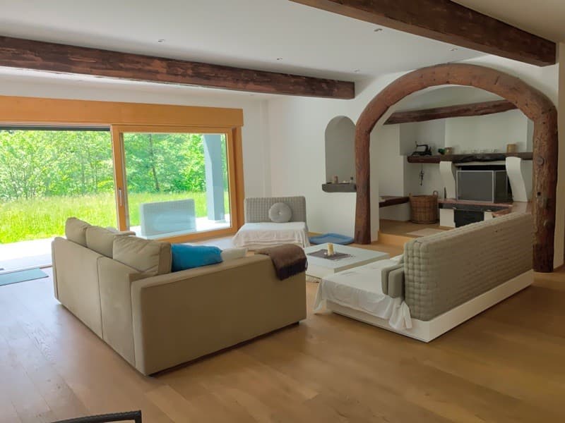 wooden floor, large windows with view of garden, two sofas, fireplace, couch, table, television