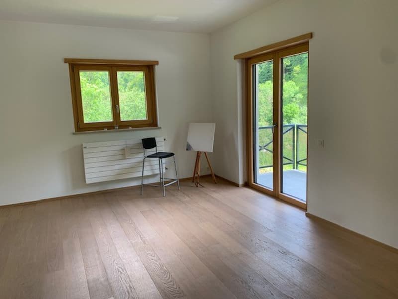 wooden floor, white walls, glass doors, window, chair, easel, radiator, balcony with fence